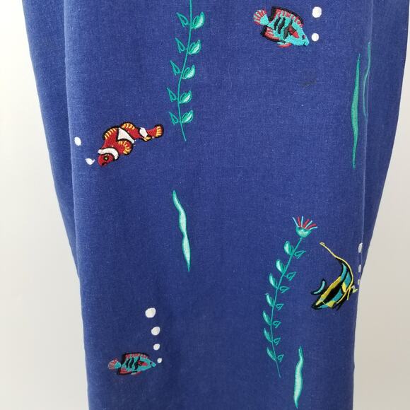 Country Concept Blue Linen Blend Embroidered   Fish Dress Short Sleeve   Large - Picture 3 of 3